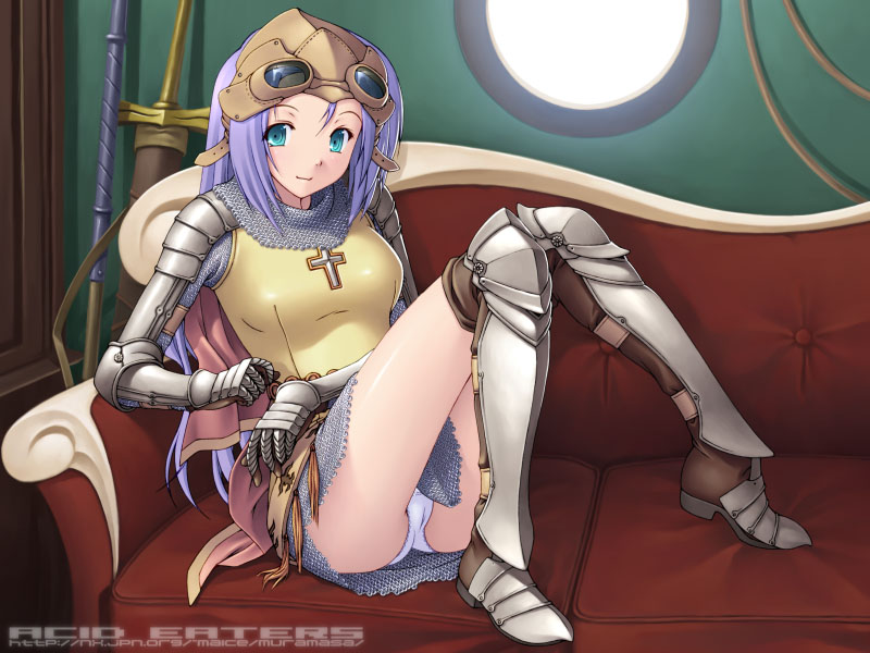 1girl armor armored_boots bangs blush boots breastplate brown_cape brown_legwear cape chainmail circle_name commentary_request couch cross full_body gauntlets goggles goggles_on_head greaves green_eyes helmet indoors kazuma_muramasa knight knight_(ragnarok_online) latin_cross long_hair open_mouth panties pauldrons purple_hair ragnarok_online scabbard sheath shoulder_armor sitting smile socks solo underwear web_address white_panties