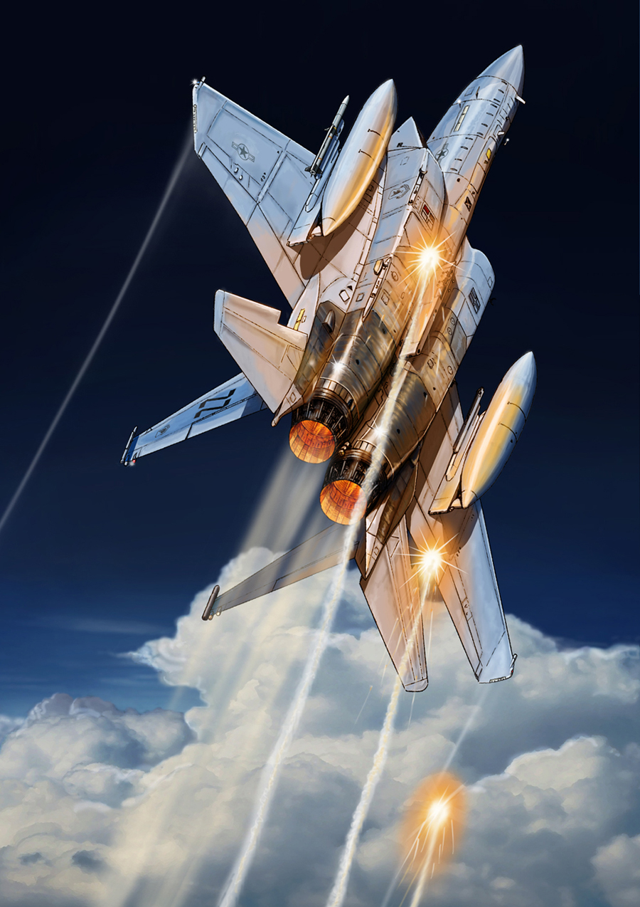 aircraft airplane cloud f-15_eagle fighter_jet flare flying from_below highres jet mick_(m.ishizuka) military military_vehicle no_humans original sky thrusters united_states_air_force vehicle_focus