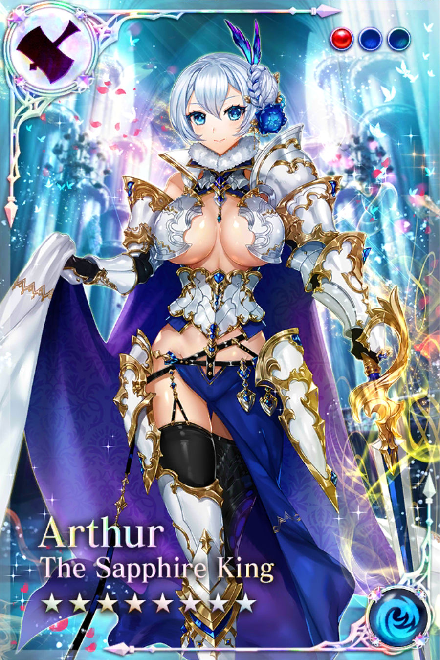 1girl age_of_ishtaria armor arthur_(age_of_ishtaria) bikini_armor blue_eyes cape highres long_hair silver_hair sword weapon