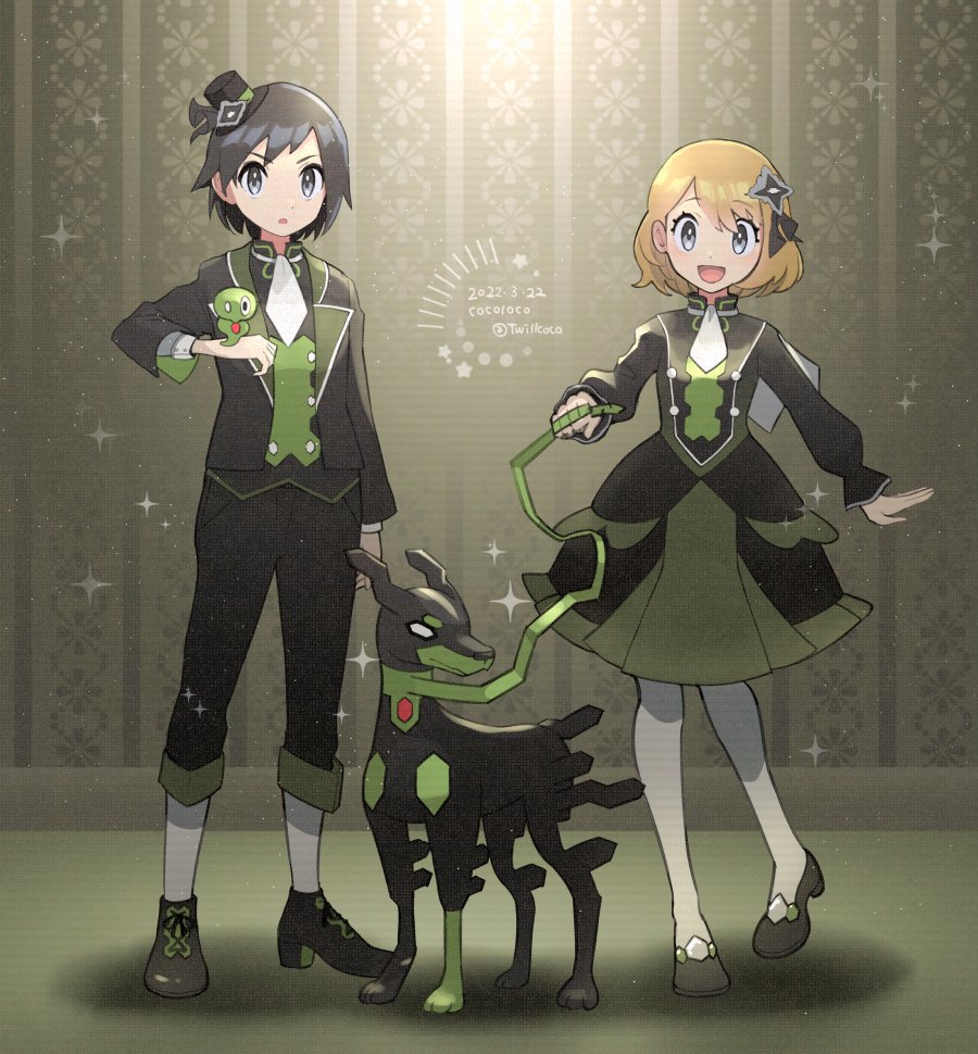 1boy 1girl ascot bangs black_pants black_ribbon blonde_hair buttons calem_(pokemon) cocoloco commentary_request dated dress eyelashes grey_eyes grey_legwear hair_ornament hair_ribbon jacket long_sleeves pants pantyhose pokemon pokemon_(creature) pokemon_(game) pokemon_masters_ex pokemon_xy ribbon serena_(pokemon) shoes short_hair socks standing twitter_username white_ascot zygarde zygarde_(10) zygarde_cell