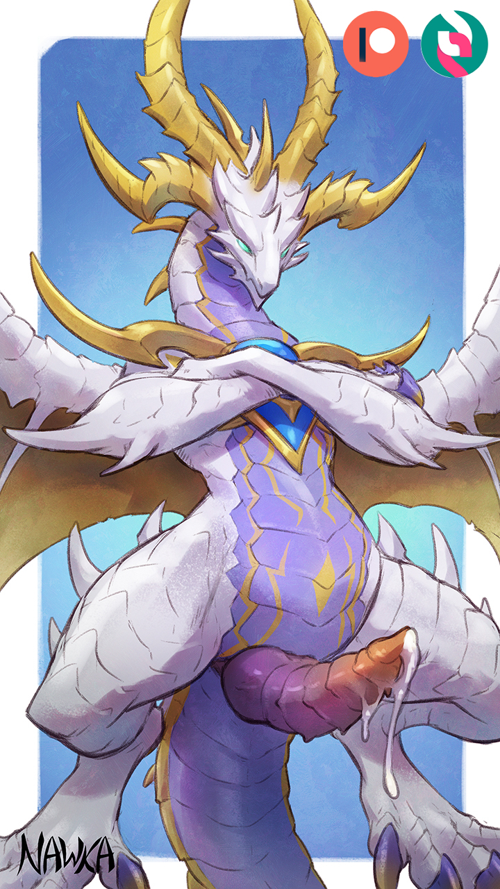 2022 4_horns anthro big_penis blue_background bodily_fluids crossed_arms cum cum_on_penis cygames dragalia_lost dragon elysium_(dragalia_lost) erection genital_fluids genitals green_eyes hi_res horn knot male multi_horn multicolored_body multicolored_scales nawka nintendo penis purple_body purple_scales ridged_penis scales scalie simple_background solo tapering_penis video_games western_dragon white_body white_scales yellow_body yellow_scales