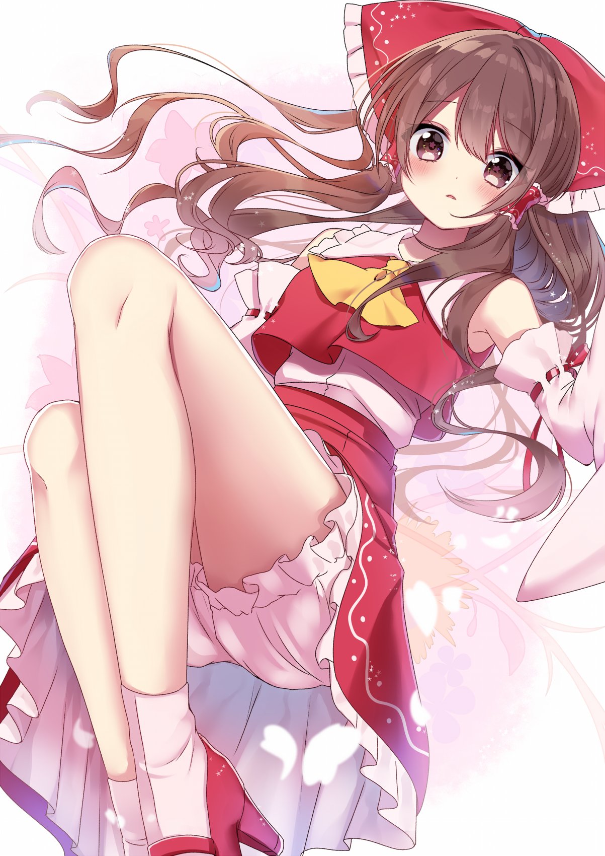 1girl arm_up ascot bangs bare_shoulders bloomers blush bow brown_eyes brown_hair commentary_request detached_sleeves eyebrows_visible_through_hair eyelashes eyes_visible_through_hair flower flying frills gradient gradient_background hair_between_eyes hair_bow hair_ornament hair_tubes hakurei_reimu hand_up highres leaf long_hair long_sleeves looking_to_the_side open_mouth petals pink_background pink_flower pink_legwear red_bow red_footwear red_skirt red_vest shinonome_asu shirt shoes skirt socks solo touhou underwear vest white_background white_shirt wide_sleeves yellow_ascot