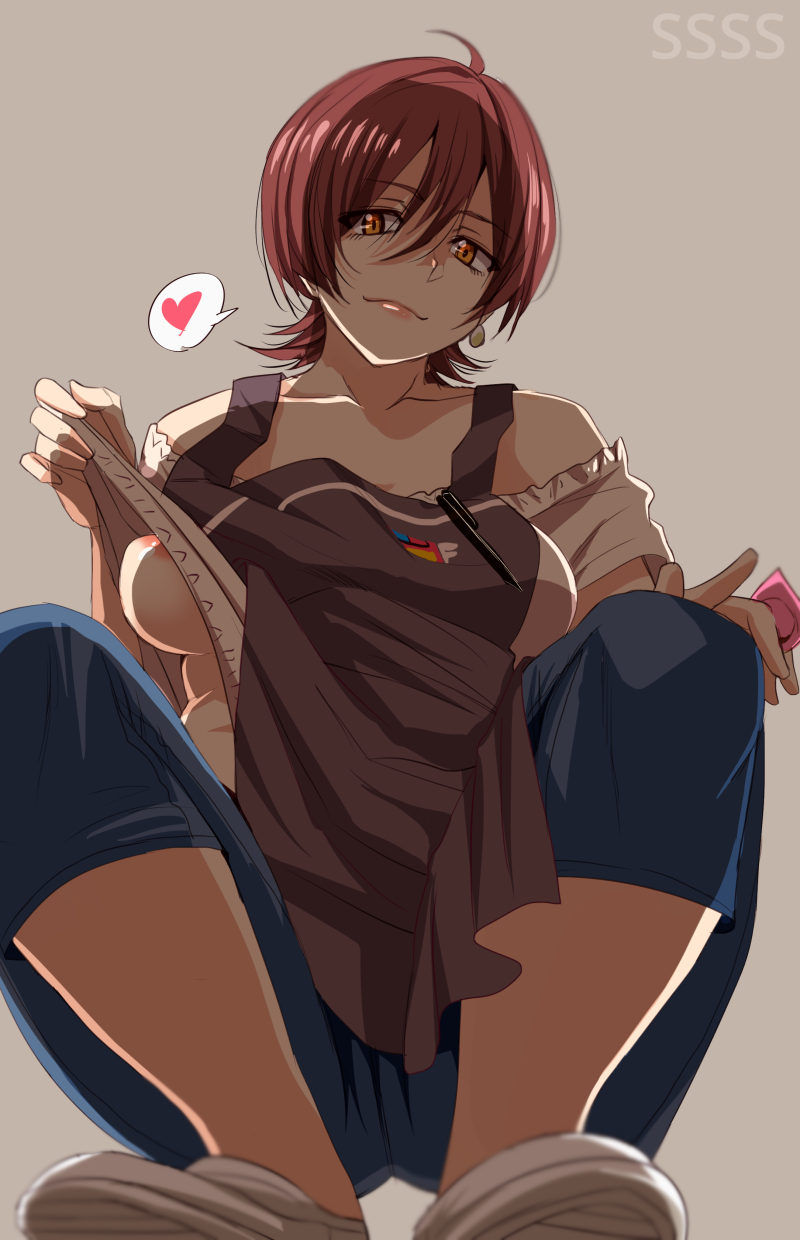 1girl apron areola_slip areolae black_apron black_pants breasts clothes_lift condom grey_background gridman_universe hair_between_eyes heart highres holding holding_condom looking_at_viewer medium_breasts off-shoulder_shirt off_shoulder pants red_hair shirt shirt_lift shoes short_hair simple_background smile solo spoken_heart ssss.gridman takarada_rikka's_mother white_footwear white_shirt yamada_naoko_(hideko1227)