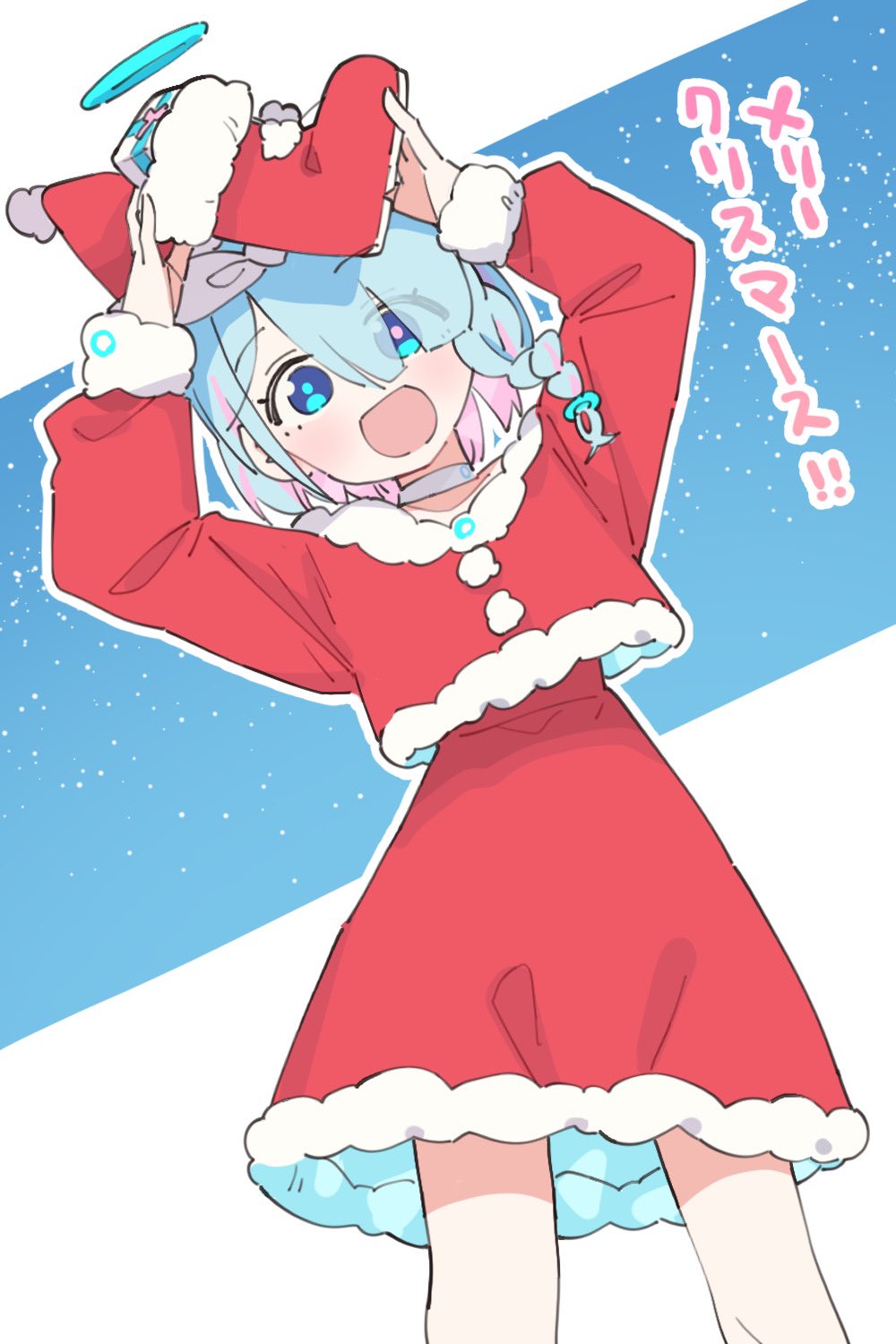 1girl :d arona_(blue_archive) bangs blue_archive blue_eyes box braid choker christmas eyes_visible_through_hair feet_out_of_frame fur-trimmed_shirt fur-trimmed_skirt fur_trim gift gift_box halo hat highres kamo_(kamonabe_44) leaning_to_the_side long_sleeves looking_at_viewer multicolored_hair open_mouth red_shirt red_skirt santa_hat shirt skirt smile solo thighhighs translated two-tone_hair