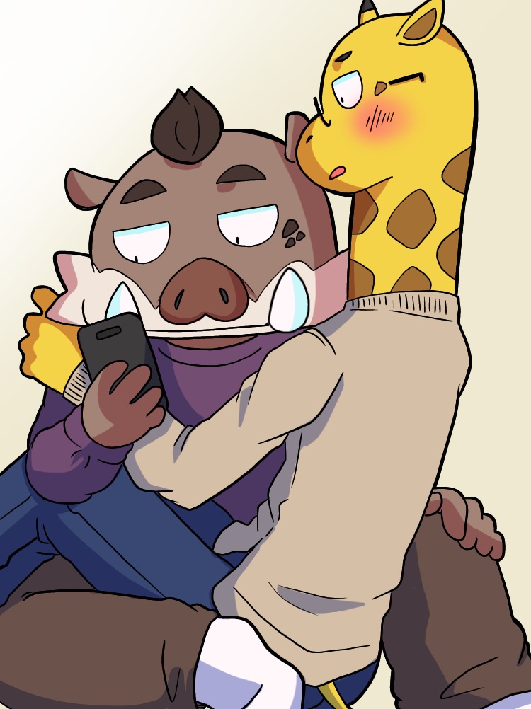 2022 anthro biped blush bottomwear brown_body cellphone clothing duo embrace giraffe giraffid hug humanoid_hands kemono kensuke_shibagaki_(odd_taxi) male mammal natsumeggggg odd_taxi pants phone satoshi_nagashima_(odd_taxi) simple_background sitting smartphone suid suina sus_(pig) sweater topwear wild_boar yellow_body