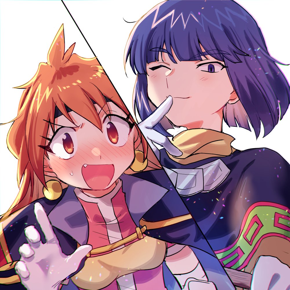 1boy 1girl bangs black_cape blunt_bangs blush breasts cape capelet closed_mouth commentary_request earrings eyebrows_visible_through_hair fang finger_to_mouth gloves jewelry lina_inverse long_hair one_eye_closed open_mouth orange_eyes orange_hair purple_capelet purple_eyes purple_hair red_shirt shirt short_hair simple_background slayers small_breasts smile split_screen sweatdrop upper_body white_background white_gloves xelloss xox_xxxxxx