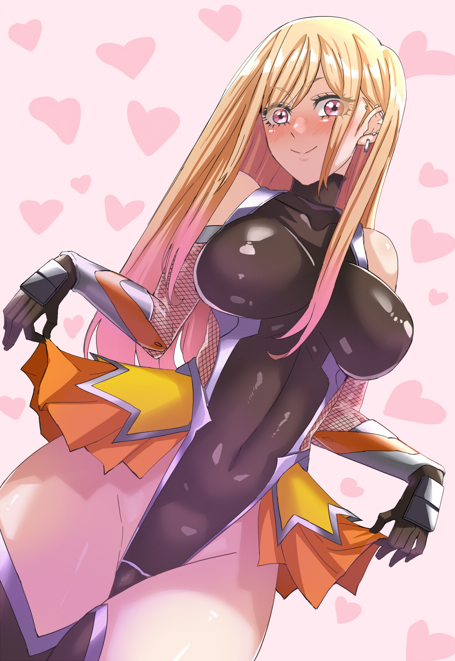 1girl bangs barbell_piercing blonde_hair blush bodysuit boots breasts colored_tips cosplay covered_navel covered_nipples cowboy_shot detached_sleeves earrings elbow_gloves fishnet_gloves fishnet_leotard fishnets frilled_leotard frills gauntlets gloves groin hair_between_eyes highleg highleg_leotard highres igawa_sakura igawa_sakura_(cosplay) impossible_bodysuit impossible_clothes impossible_leotard industrial_piercing jewelry kitagawa_marin large_breasts leotard lifted_by_self long_hair multicolored_hair multiple_earrings multiple_piercings piercing pink_hair purple_eyes r-wade shiny shiny_skin skin_tight smile solo sono_bisque_doll_wa_koi_wo_suru straight_hair stud_earrings taimanin_(series) taimanin_suit thigh_boots thighhighs thighs two-tone_hair