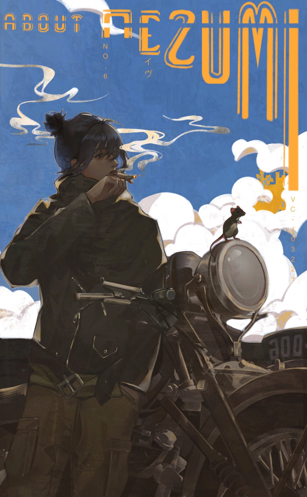 1boy animal bangs belt between_fingers black_hair black_jacket blue_sky character_name chinese_zodiac cigarette cloud copyright_name cowboy_shot dated day ground_vehicle hand_in_pocket hand_up highres holding holding_cigarette jacket long_sleeves looking_away looking_to_the_side male_focus motor_vehicle mouse nezumi_(no.6) no.6 open_belt outdoors pants pocket ponytail sbgpand sidelocks sky smoke smoking solo turtleneck year_of_the_rat