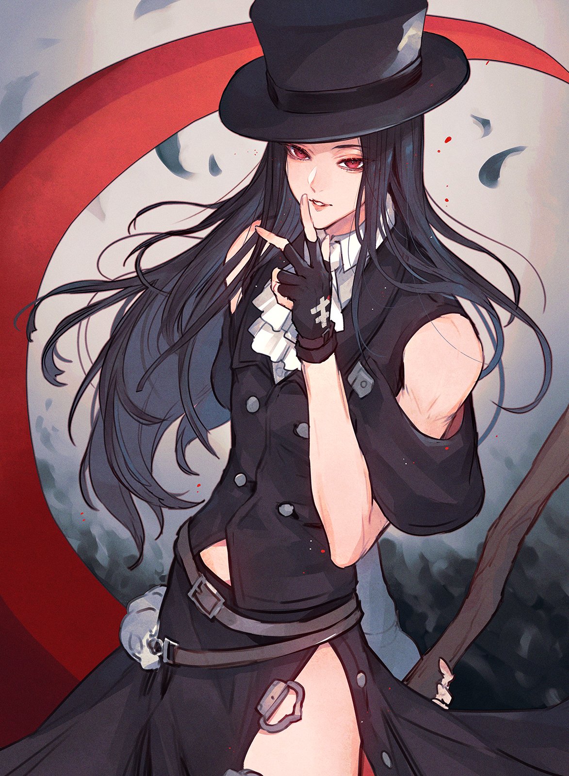 1other androgynous bare_shoulders black_clothes black_hair black_suit collared_shirt feathers fingerless_gloves formal gloves guilty_gear guilty_gear_strive hat highres holding holding_weapon index_finger_raised long_hair oro_(sumakaita) red_eyes scythe shirt side_slit skull standing straight_hair suit symbol-only_commentary testament_(guilty_gear) top_hat weapon white_background white_shirt