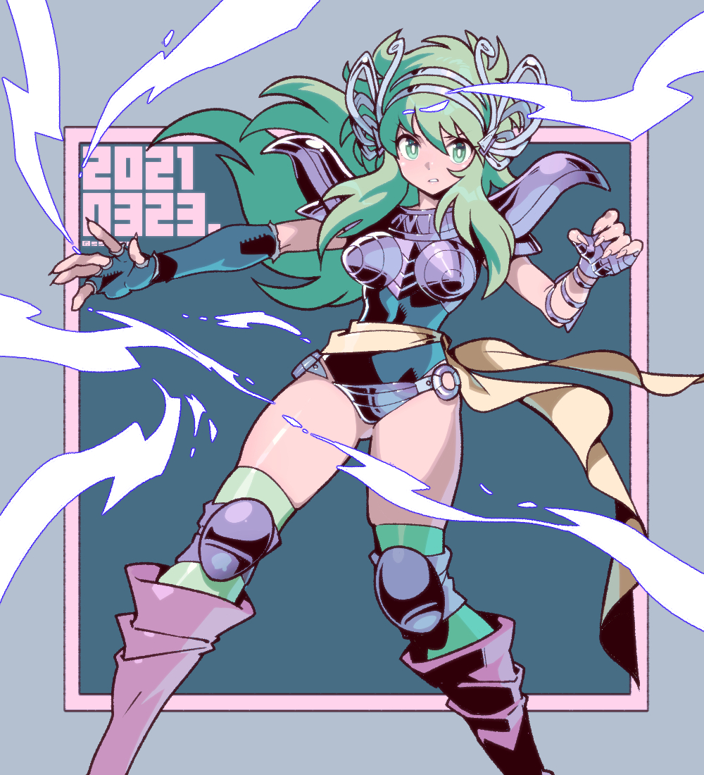 1girl armor dated fingerless_gloves fujimoto_hideaki gloves green_eyes green_hair long_hair looking_at_viewer ophiuchus_shaina saint_seiya solo thighhighs