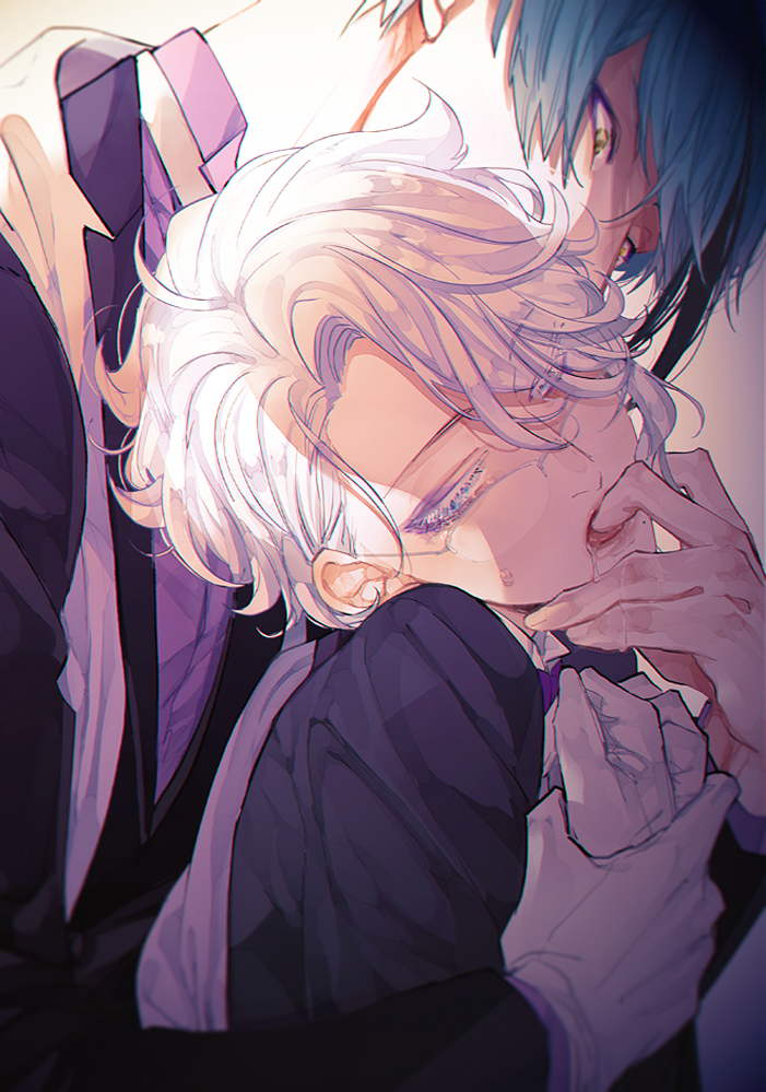 2boys azul_ashengrotto black_hair blue_hair collared_shirt drooling eyelashes eyes_visible_through_hair finger_in_another's_mouth gloves hair_behind_ear hair_over_one_eye hand_grab jacket jade_leech long_sleeves looking_away looking_down looking_to_the_side male_focus multicolored_hair multiple_boys purple_shirt saliva shirai shirt short_hair sidelocks single_glove stole streaked_hair tongue twisted_wonderland upper_body white_background white_gloves white_hair wing_collar yaoi yellow_eyes