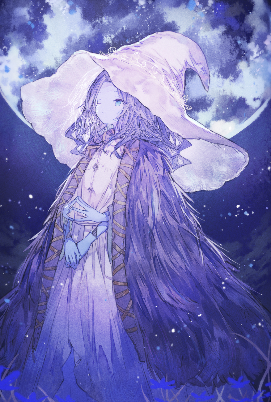 1girl blue_eyes blue_flower blue_hair blue_skin cloak colored_skin dress elden_ring extra_arms extra_faces facial_mark flower full_body full_moon fur_cloak grass grey_hair hat hat_ornament highres jewelry large_hat light_particles looking_away looking_up medium_hair mizumizu_(phoenix) moon night night_sky one_eye_closed own_hands_together petite ranni_the_witch ring sky solo standing white_dress white_headwear witch witch_hat