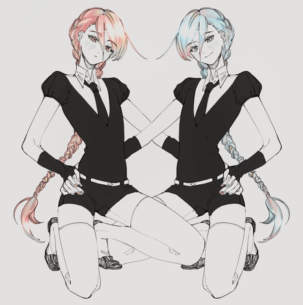 2others aquamarine_(houseki_no_kuni) bangs blue_hair blue_nails blush braid braided_ponytail character_request check_character colored_tips fingerless_gloves full_body gem_uniform_(houseki_no_kuni) gloves hair_between_eyes head_tilt holding_hands houseki_no_kuni legs long_hair looking_at_viewer morganite_(houseki_no_kuni) multicolored_hair multiple_others one_knee other_focus puffy_short_sleeves puffy_sleeves red_eyes red_nails shiorondo shoes short_sleeves shorts simple_background smile streaked_hair swept_bangs symmetrical_pose thighhighs very_long_hair