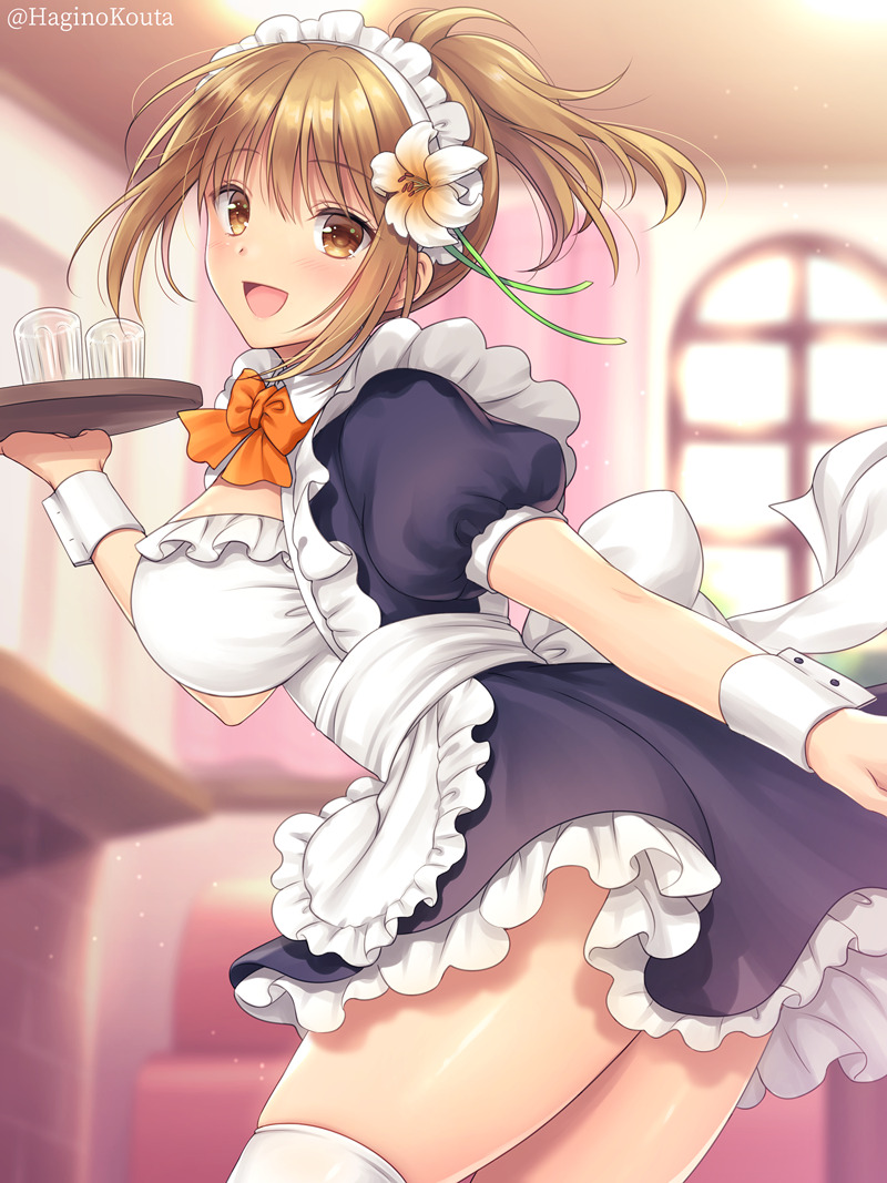 1girl :d apron bangs black_dress blurry blurry_background blush bow breasts brown_eyes brown_flower brown_hair commission cup depth_of_field dress drinking_glass eyebrows_visible_through_hair flower frilled_apron frilled_dress frills hagino_kouta hair_between_eyes hair_flower hair_ornament holding holding_tray leaning_forward looking_at_viewer looking_to_the_side maid maid_headdress medium_breasts orange_bow original ponytail puffy_short_sleeves puffy_sleeves short_sleeves skeb_commission smile solo thighhighs tray twitter_username white_apron white_flower white_legwear window