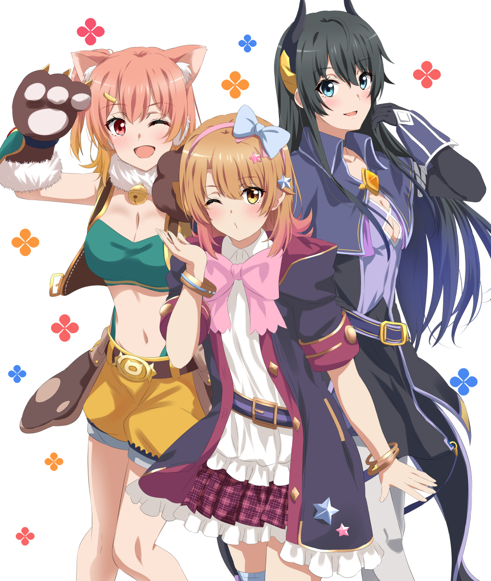 1girl 3girls ahoge animal_ear_fluff animal_ears animal_hands arm_up bandeau bangle bangs bare_shoulders bell belt belt_buckle black_choker black_gloves black_hair black_jacket blue_bow blue_eyes blue_hair blush boots bow bowtie bracelet breasts brown_gloves brown_hair brown_vest buckle capelet cat_ears cat_paws cat_tail chieru_(princess_connect!) chieru_(princess_connect!)_(cosplay) choker cleavage closed_mouth clothing_cutout colored_tips cosplay cowboy_shot elbow_gloves eyebrows_visible_through_hair fur-trimmed_boots fur-trimmed_gloves fur_collar fur_trim gloves green_shirt hair_bow hair_ornament hairband hairclip hands_up highleg hiyori_(princess_connect!) hiyori_(princess_connect!)_(cosplay) hood hood_down hooded_jacket horns isshiki_iroha jacket jewelry jingle_bell leaning_forward lieass long_hair looking_at_viewer medium_breasts midriff multicolored_hair multiple_girls navel neck_bell one_eye_closed open_mouth orange_hair paw_gloves paw_pose pink_bow pink_bowtie pink_hair pink_hairband plaid plaid_skirt pleated_skirt princess_connect! puckered_lips puffy_shorts purple_skirt red_eyes rei_(princess_connect!) rei_(princess_connect!)_(cosplay) shirt short_hair short_sleeves shorts sidelocks skirt small_breasts smile standing star_(symbol) star_hair_ornament stomach straight_hair tail two-tone_hair vest voice_actor_connection white_background white_legwear white_shirt yahari_ore_no_seishun_lovecome_wa_machigatteiru. yellow_eyes yellow_shorts yuigahama_yui yukinoshita_yukino