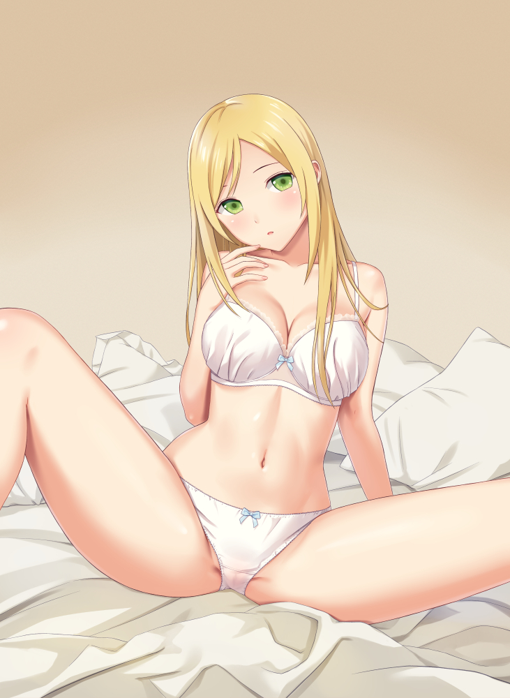1girl arm_behind_back banned_artist blonde_hair blue_bow bow bow_bra bow_panties bra breasts cleavage collarbone commentary fingernails green_eyes hand_up knee_up large_breasts long_hair looking_at_viewer n.g. navel on_bed original panties parted_lips pillow reward_available solo spread_legs stomach straight_hair underwear underwear_only white_bra white_panties