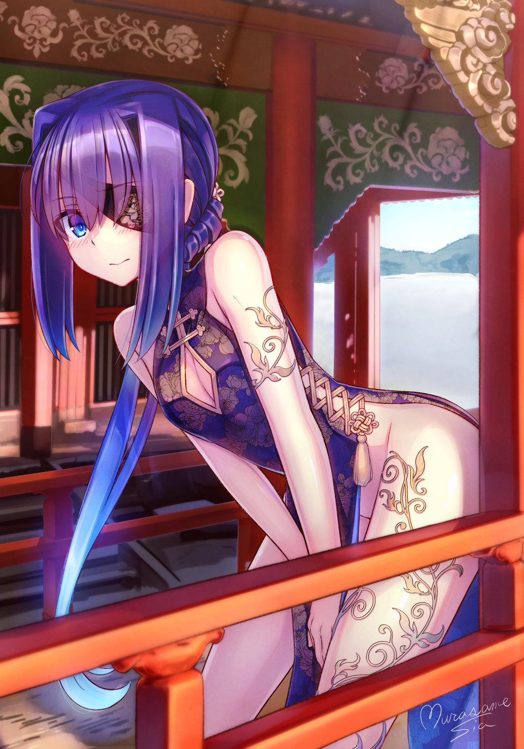 1girl bangs bare_shoulders blue_dress blue_eyes blue_hair blush breasts china_dress chinese_clothes cleavage cleavage_cutout closed_mouth clothing_cutout day dress eyebrows_visible_through_hair eyepatch eyes_visible_through_hair hair_over_one_eye highres leaning_forward long_hair looking_at_viewer murasame_shia original pelvic_curtain signature sleeveless sleeveless_dress small_breasts solo standing very_long_hair