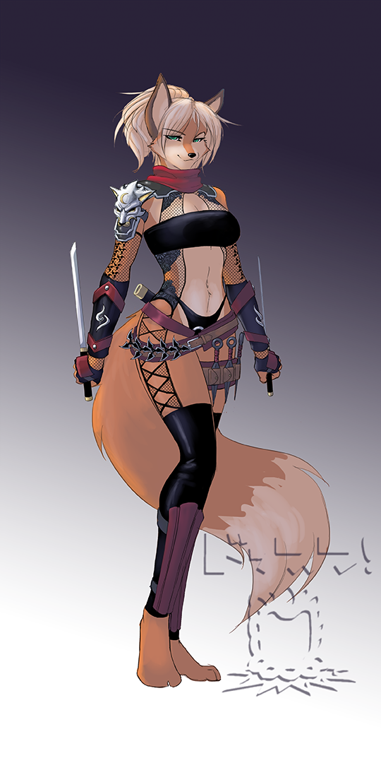 armor assassin belt blonde_hair bra canid canine clothing daggers dossun female fox green_eyes hair holding_sword legwear mammal melee_weapon panties scarf shin_guards smile sword thigh_highs throwing_knives throwing_star underwear weapon