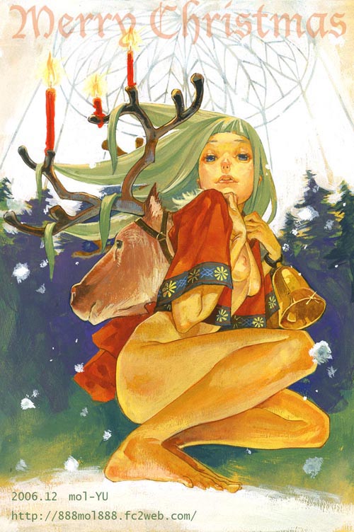 barefoot bell blue_eyes bottomless breasts candle christmas copyright_request deer feet foreshortening green_hair medium_breasts merry_christmas no_panties no_pants reindeer sitting solo yuu_(mol)