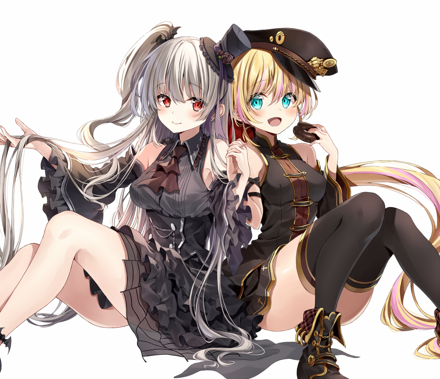 2girls aqua_eyes arm_strap ascot bangs black_ascot black_blouse black_dress black_footwear black_headwear black_legwear black_skirt black_sleeves blouse boots collared_dress detached_sleeves dress eyebrows_visible_through_hair food frilled_dress frilled_sleeves frills grey_hair hand_in_own_hair hat holding holding_food holding_hands interlocked_fingers kakao_rantan long_hair mini_hat mini_top_hat miniskirt multiple_girls one_side_up original peaked_cap pleated_skirt ponytail red_eyes scarum_(kakao_rantan) side-by-side simple_background skirt sleeveless sleeveless_blouse sleeveless_dress sugar_(kakao_rantan) thighhighs tilted_headwear top_hat very_long_hair white_background white_sleeves