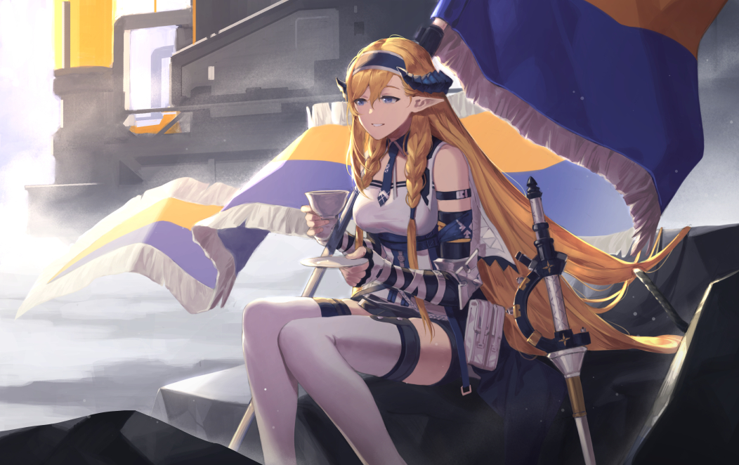 1girl arknights arm_strap bangs bare_shoulders blonde_hair blue_eyes blue_hairband blue_necktie breasts commentary cup elbow_gloves english_commentary feet_out_of_frame fingerless_gloves flag gloves grin hair_between_eyes hairband holding holding_cup holding_saucer horns large_breasts long_hair manjyufroth necktie planted planted_sword rapier saileach_(arknights) saucer shirt sitting smile solo sword teacup thighhighs very_long_hair weapon white_legwear white_shirt