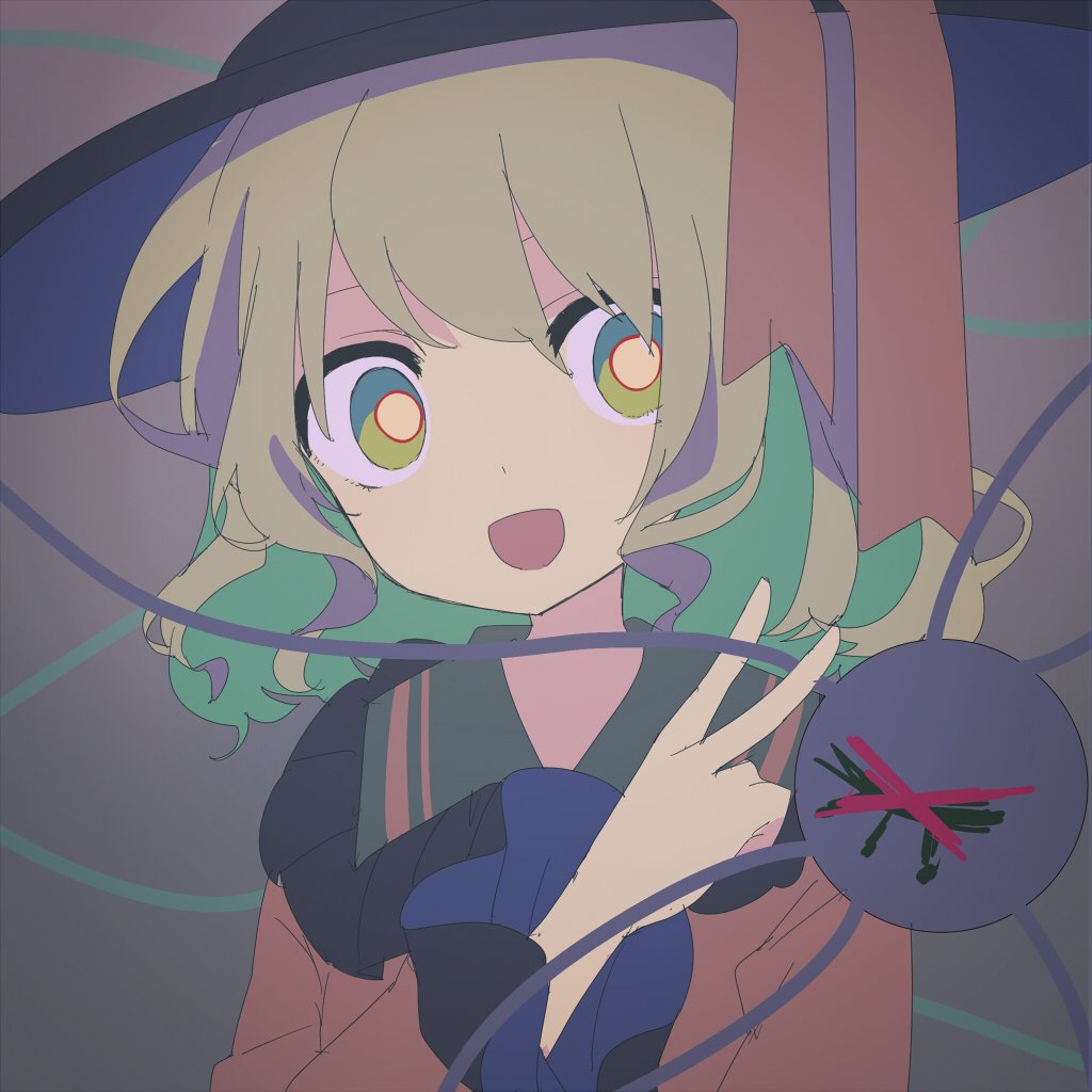 1girl :d black_headwear blouse bright_pupils busujima_(kusahana) commentary cross eyebrows_behind_hair frilled_shirt_collar frilled_sleeves frills green_eyes green_hair hand_up hat hat_ribbon komeiji_koishi long_sleeves looking_at_viewer medium_hair one-hour_drawing_challenge open_mouth portrait ribbon smile solo third_eye touhou v wide_sleeves yellow_blouse yellow_pupils yellow_ribbon