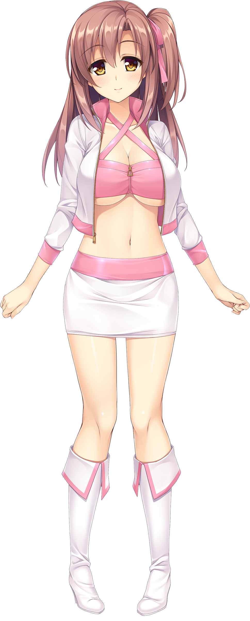 1girl absurdres akizora_momiji anri_(teaka_mamire_no_danshi) bangs boots breasts brown_eyes brown_hair cleavage closed_mouth collarbone criss-cross_halter eyebrows_visible_through_hair full_body game_cg hair_between_eyes hair_ribbon halterneck highres idol jacket knee_boots large_breasts long_hair looking_at_viewer midriff miniskirt navel open_clothes open_jacket pencil_skirt pink_ribbon ribbon shiny shiny_hair side_ponytail skirt smile solo standing stomach tachi-e teaka_mamire_no_danshi transparent_background underboob unzipped white_footwear white_jacket white_skirt