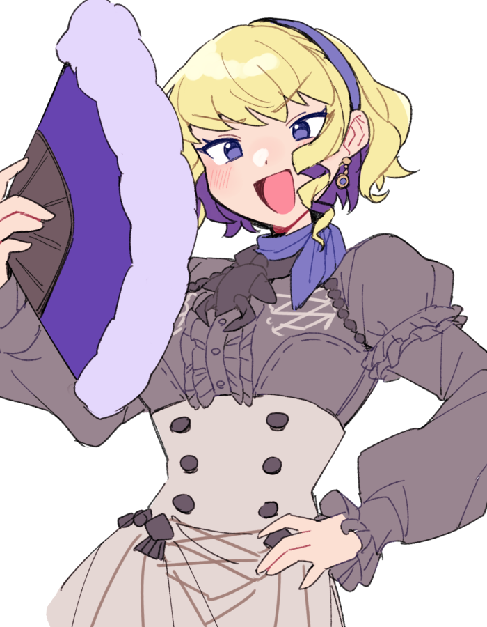 1girl bangs blonde_hair blue_hairband blue_neckwear blush colored_inner_hair constance_von_nuvelle do_m_kaeru dress drill_hair ear_piercing eyebrows_visible_through_hair fire_emblem fire_emblem:_three_houses grey_dress hairband hand_fan holding holding_fan multicolored_hair open_mouth piercing purple_eyes purple_hair short_hair simple_background solo white_background