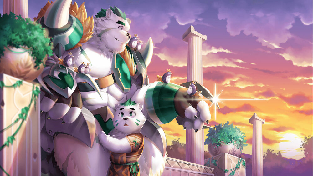 2boys abs armor bara bare_pectorals bear_boy belt bernard_(gyee) bird chest_plate child claws cloud cloudy_sky column fangs furry furry_male gauntlets gloves gyee kumahachi leg_armor male_focus manly multiple_boys official_art on_floor pectorals pillar plant pot potted_plant scar scar_on_face scar_on_leg scar_on_stomach shoulder_armor sitting sky smile sunset thick_arms thick_eyebrows thick_thighs thighs vines weapon white_fur