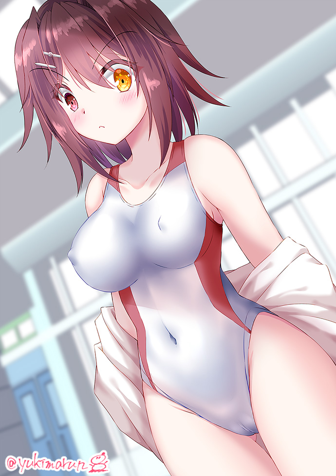 1girl breasts brown_hair cameltoe cleft_of_venus commentary_request competition_swimsuit covered_navel covered_nipples cowboy_shot dutch_angle furutaka_(kancolle) glowing glowing_eye heterochromia jacket kantai_collection large_breasts looking_at_viewer one-piece_swimsuit short_hair solo swimsuit tamagawa_yukimaru twitter_username white_jacket white_swimsuit yellow_eyes