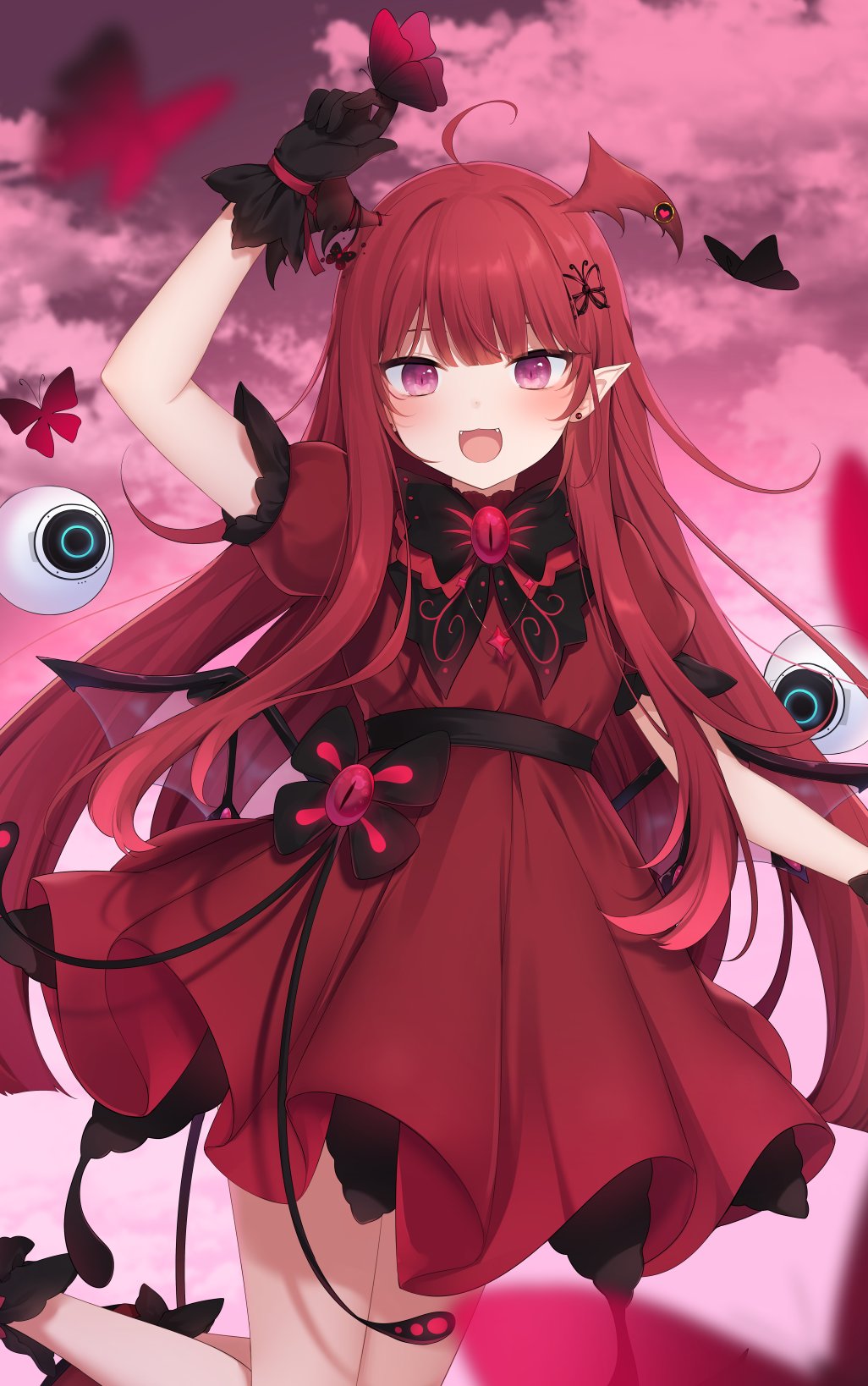 1girl ahoge amashiro_natsuki animal araka_luto arm_up bangs black_gloves bug butterfly cloud cloudy_sky commentary dress earrings eyeball eyebrows_behind_hair fangs gloves head_wings highres jewelry long_hair pleated_dress pointy_ears prism_project puffy_short_sleeves puffy_sleeves purple_eyes red_dress red_hair red_wings short_sleeves sky solo stud_earrings very_long_hair virtual_youtuber wings