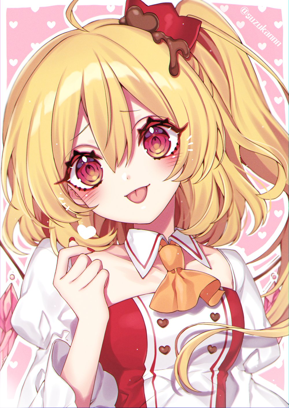 1girl ahoge alternate_costume ascot bangs blonde_hair blush border breasts candy chocolate closed_mouth collarbone collared_dress commentary_request crown crown_hair_ornament crystal dress eyebrows_visible_through_hair eyelashes finger_heart flandre_scarlet food hair_between_eyes hair_ornament hand_up heart heart_print highres jewelry juliet_sleeves kyouda_suzuka long_sleeves looking_at_viewer medium_breasts mini_crown multicolored_wings no_hat no_headwear one_side_up orange_ascot pink_background puffy_sleeves red_dress red_eyes short_hair smile solo tongue tongue_out touhou twitter_username upper_body white_border white_dress wide_sleeves wings