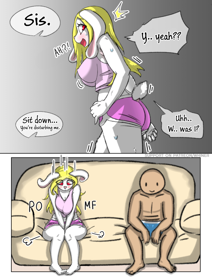 anthro artist_whiner blonde_hair bodily_fluids female furniture hair human lagomorph leporid male male/female mammal pomf rabbit sofa sweat tosun