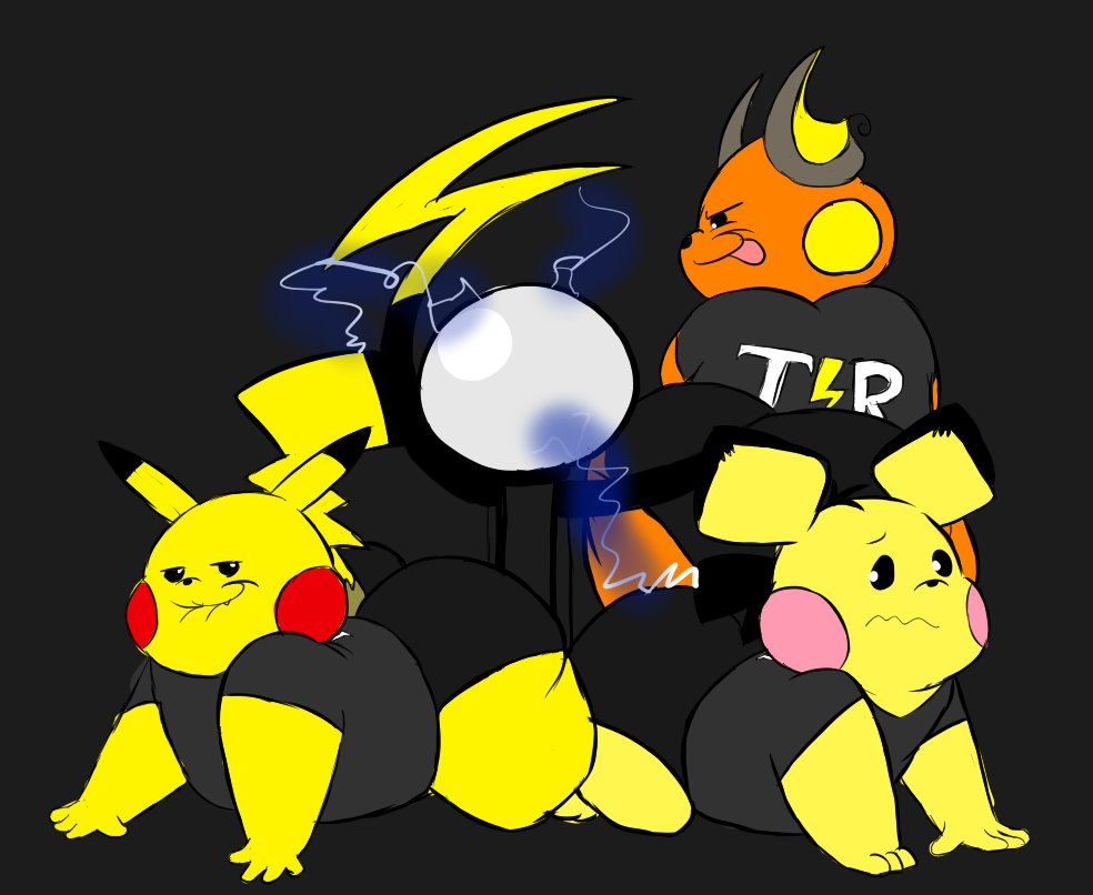 anthro big_butt bite biting_lip blastoiseanimator butt electricity group huge_butt male male/male nintendo orange_body pace_(blastoiseanimator) pedro_(blastoiseanimator) pichu pikachu pok&eacute;mon pok&eacute;mon_(species) raichu riley_(blastoiseanimator) short_stack tail tesla_coil tongue tongue_out video_games worried_look yellow_body