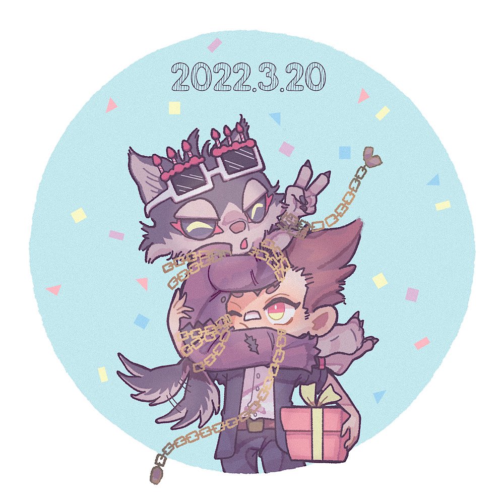 2boys :o animal_ears bandaid bandaid_on_face bandaid_on_nose birthday box carrying_over_shoulder chain chibi colored_sclera confetti dated dog_boy full_body furry furry_male garmr_(housamo) gift gift_box hs_640 male_focus master_1_(housamo) multiple_boys official_alternate_costume one_eye_closed sunglasses tail tokyo_afterschool_summoners