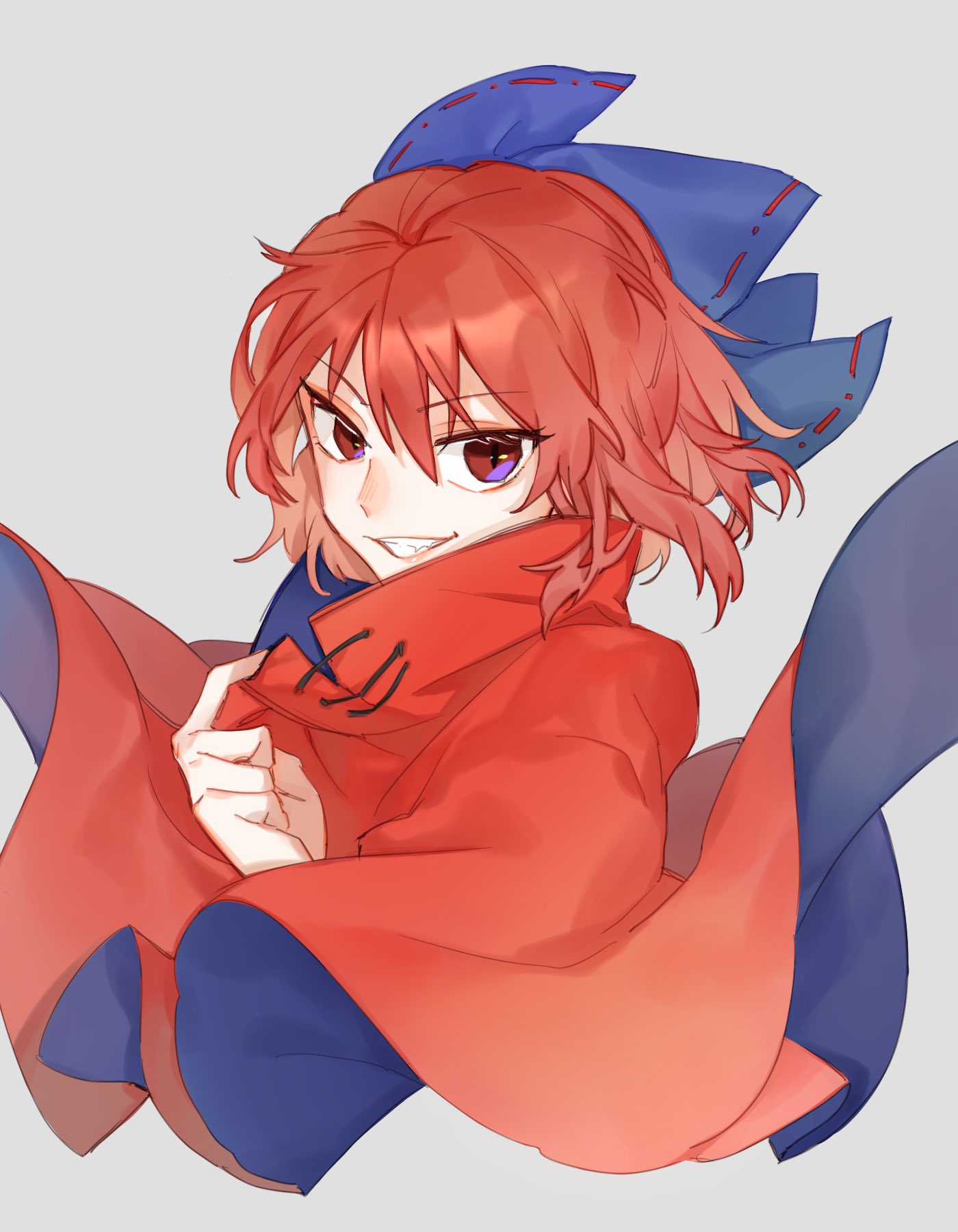 1girl blue_bow bow cape grey_background grin hair_bow high_collar highres long_sleeves looking_at_viewer red_cape red_eyes red_hair red_skirt sekibanki shidaccc shirt short_hair simple_background skirt smile solo touhou
