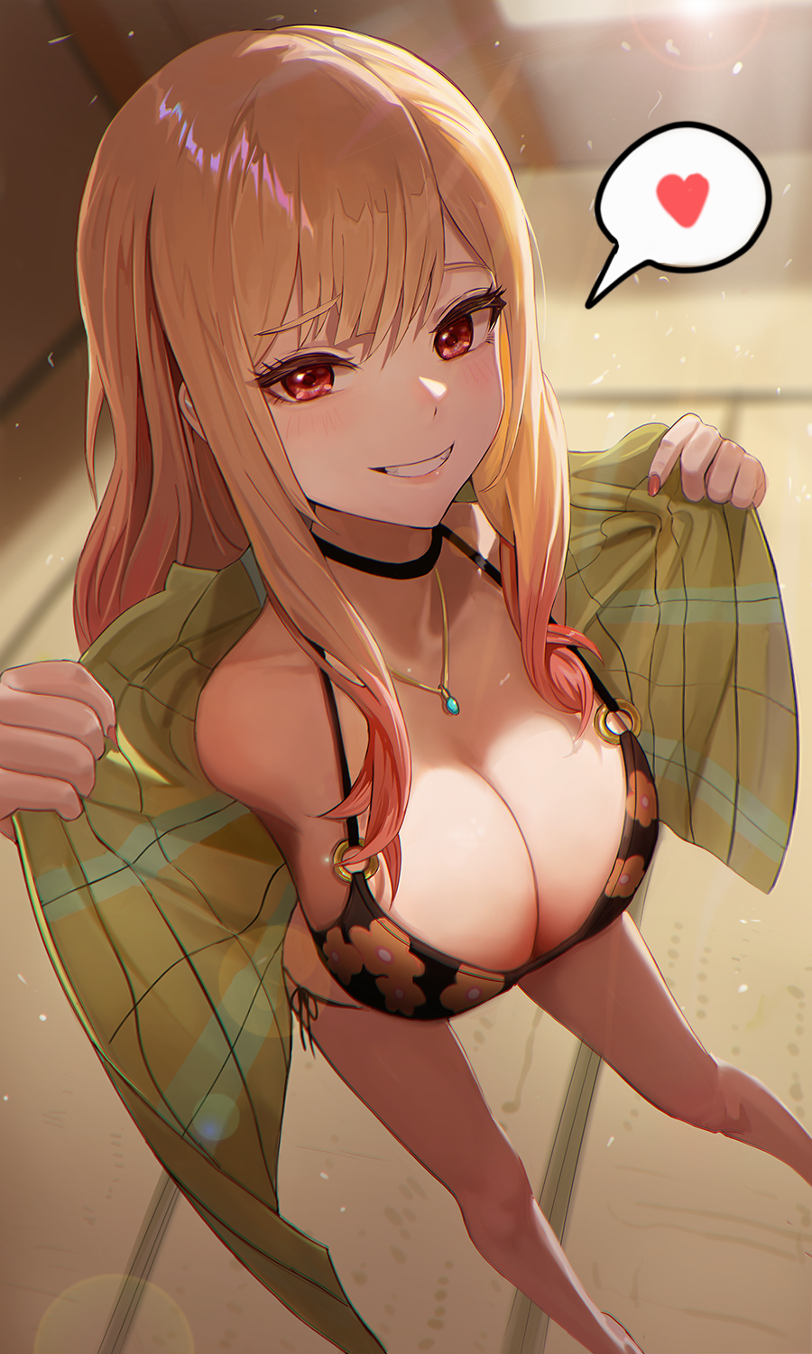 1girl bangs barbell_piercing bare_legs bare_shoulders bikini black_bikini blonde_hair blush breasts choker cleavage collarbone feet_out_of_frame floral_print from_above gradient_hair grin heart highres indoors jewelry kitagawa_marin large_breasts leaning_forward looking_at_viewer moth1 multicolored_hair necklace o-ring o-ring_bikini open_clothes open_shirt piercing pink_nails red_eyes side-tie_bikini smile solo sono_bisque_doll_wa_koi_wo_suru speech_bubble spoken_heart swept_bangs swimsuit