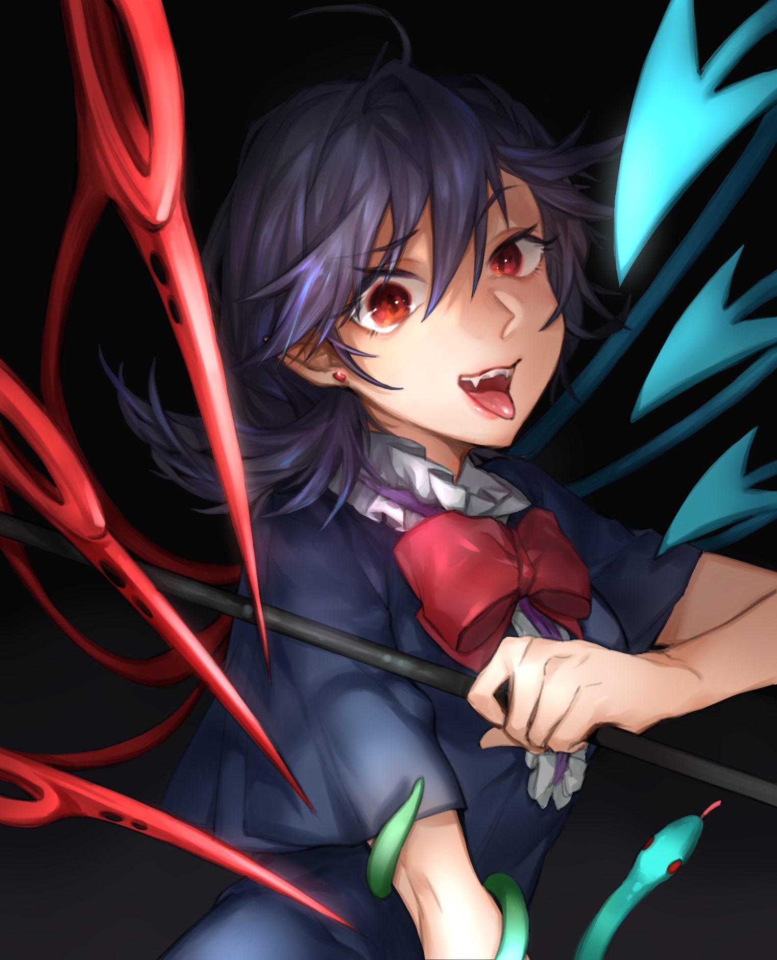 1girl asymmetrical_wings bangs black_dress black_hair blue_wings center_frills dress frills highres holding holding_weapon houjuu_nue looking_at_viewer open_mouth polearm red_eyes red_wings shidaccc snake solo touhou trident weapon wings