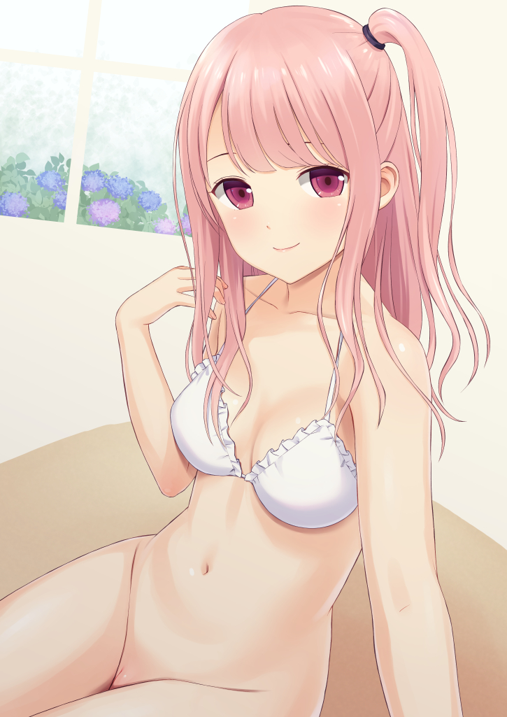 1girl bangs banned_artist bikini bikini_top_only bottomless breasts cleft_of_venus closed_mouth collarbone commentary_request flower frilled_bikini frills hand_up hydrangea indoors legs_together long_hair looking_at_viewer medium_breasts n.g. navel one_side_up original pink_hair purple_eyes purple_flower pussy reward_available selfie sitting smile solo stomach swept_bangs swimsuit white_bikini window