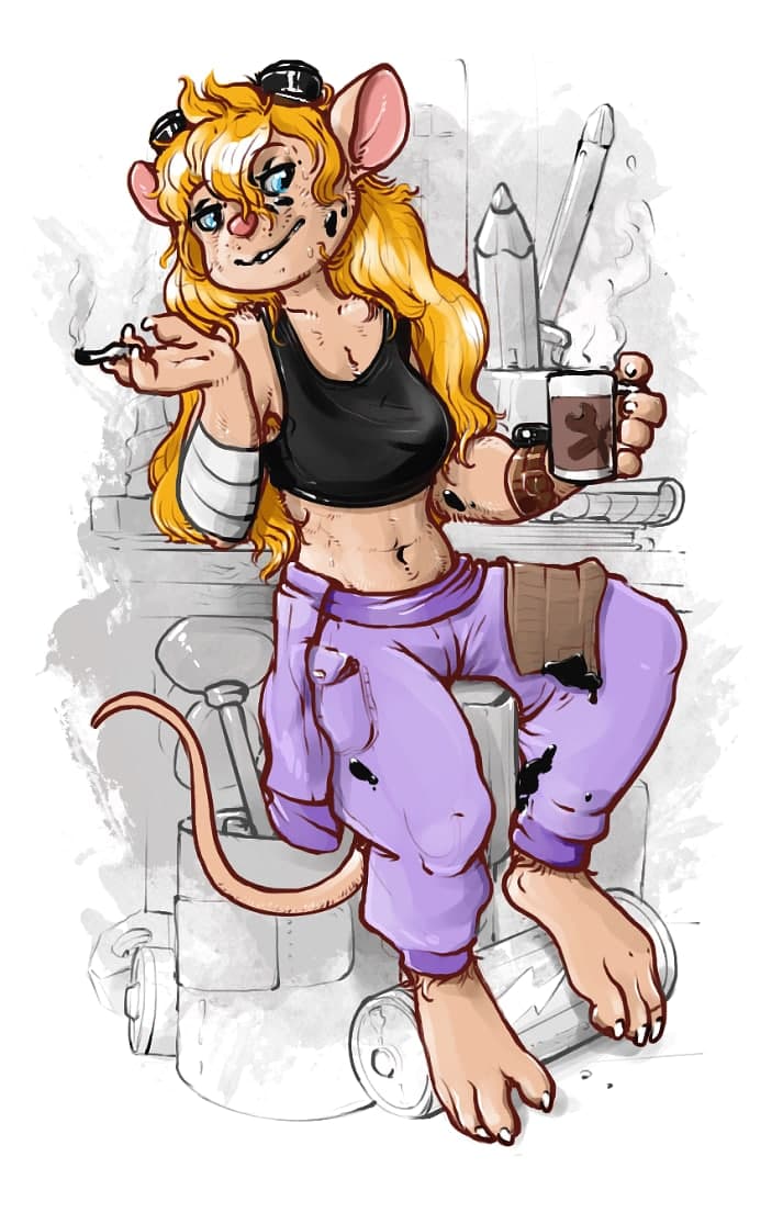 anthro bandage barefoot battery belly beverage black_clothing black_crop_top black_topwear blonde_hair bottomwear chip_'n_dale_rescue_rangers cigarette claws clock clothing coffee container crop_top cup disney eyewear feet female fur gadget_hackwrench goggles graphite_(artwork) grey_background hair holding_cup holding_object long_hair mammal micro mouse mug murid murine oil pants paws pencil_(artwork) pink_inner_ear pink_nose purple_bottomwear purple_clothing purple_pants rodent shirt simple_background sitting skinny_tail smoking solo tan_body tan_fur topwear traditional_media_(artwork) watch white_claws workshop wristwatch zterry