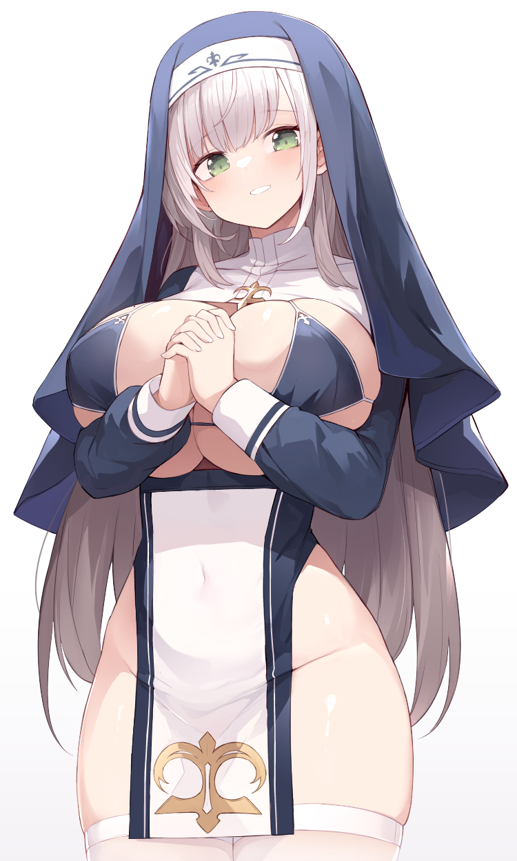 1girl bangs bikini blue_bikini blush breasts commentary_request covered_navel eyebrows_visible_through_hair green_eyes grin habit highres hololive huge_breasts long_hair long_sleeves looking_at_viewer mou_tama_maru no_panties nun own_hands_clasped own_hands_together pelvic_curtain shirogane_noel silver_hair simple_background smile solo string_bikini swimsuit thighhighs very_long_hair white_background white_legwear