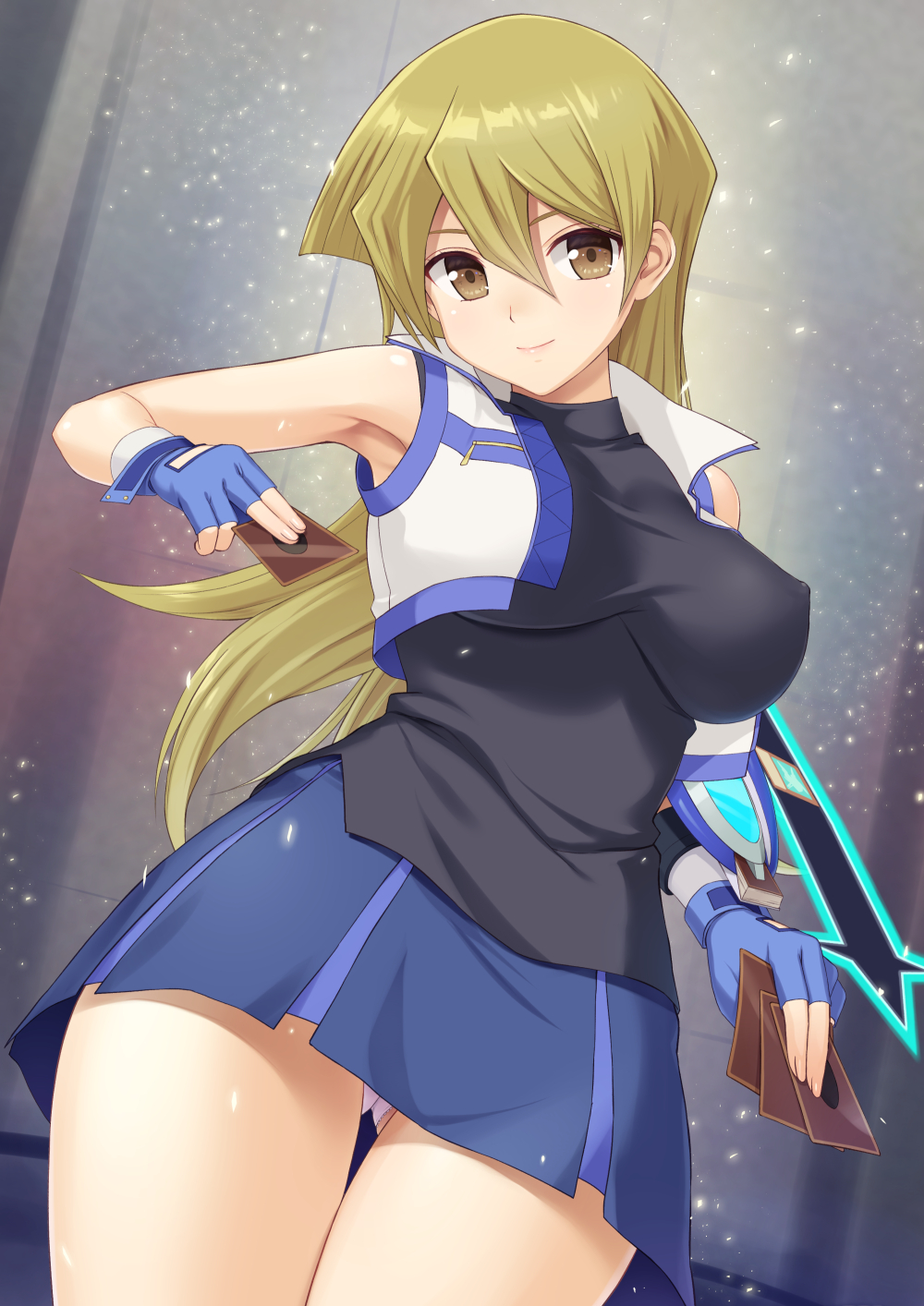 1girl armpits banned_artist black_shirt blonde_hair blue_gloves blue_skirt breasts brown_eyes card closed_mouth collared_jacket commentary_request covered_nipples cropped_jacket duel_academy_uniform_(yu-gi-oh!_gx) fingerless_gloves gloves hair_between_eyes highres holding holding_card jacket large_breasts long_hair looking_at_viewer miniskirt n.g. panties pantyshot reward_available shirt skirt sleeveless sleeveless_jacket sleeveless_shirt smile solo standing tenjouin_asuka thigh_gap thighs underwear white_jacket white_panties yu-gi-oh! yu-gi-oh!_gx