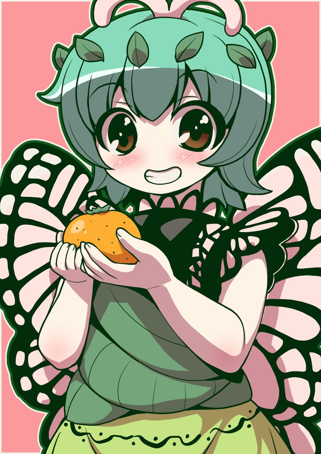 1girl antennae aqua_hair blush brown_eyes butterfly_wings dress emina eternity_larva eyebrows_visible_through_hair fairy food fruit green_dress grin hair_between_eyes highres holding holding_food holding_fruit leaf leaf_on_head multicolored_clothes multicolored_dress orange_(fruit) short_hair short_sleeves smile solo third-party_source touhou upper_body wings