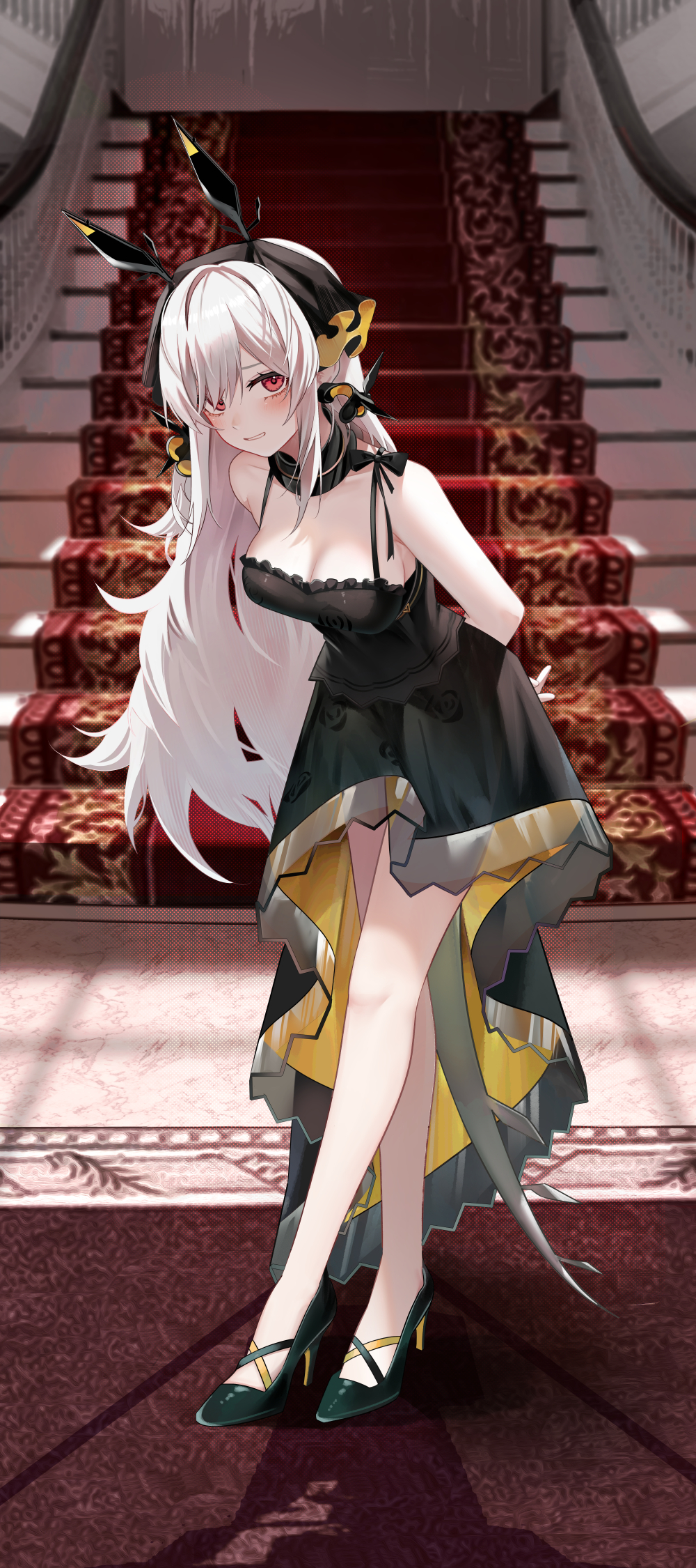1girl alternate_costume arknights arms_behind_back bare_arms bare_legs bare_shoulders black_dress black_footwear breasts cleavage cocktail_dress crossed_legs detached_collar dress frilled_dress frills full_body grin headdress high_heels highres leaning_forward long_hair looking_at_viewer medium_breasts red_eyes ru_zhai sleeveless sleeveless_dress smile smug solo spaghetti_strap stairs standing tail very_long_hair watson_cross weedy_(arknights) white_hair