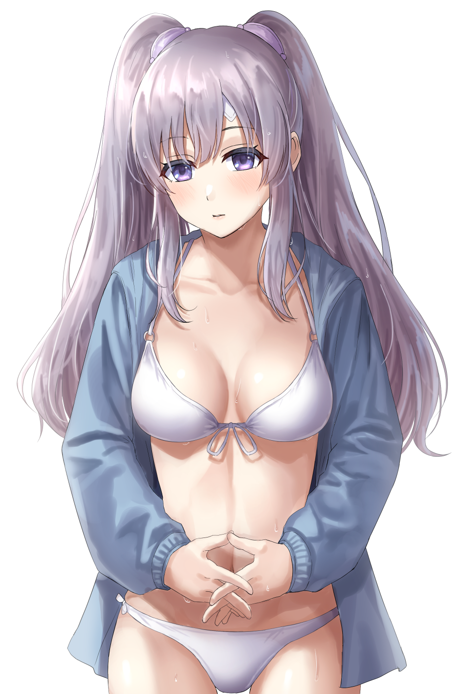 1girl asarime bandaid bandaid_on_face bandaid_on_forehead bangs bikini bikini_under_clothes blue_jacket blush breasts cleavage collarbone cowboy_shot eyebrows_visible_through_hair highres idolmaster idolmaster_shiny_colors jacket long_hair long_sleeves medium_breasts navel open_clothes open_jacket own_hands_together parted_lips purple_eyes purple_hair sidelocks simple_background solo sweat swimsuit twintails very_long_hair white_background white_bikini yuukoku_kiriko