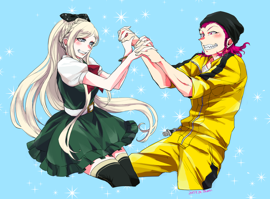 1boy 1girl bangs beanie black_bow black_headwear black_legwear bow bracelet braid collarbone danganronpa_(series) danganronpa_2:_goodbye_despair den1208 dress eyebrows_visible_through_hair from_side green_background green_dress grin hair_bow hands_up hat holding_hands jewelry jumpsuit puffy_short_sleeves puffy_sleeves sharp_teeth shiny shiny_clothes short_sleeves smile sonia_nevermind souda_kazuichi sparkle teeth thighhighs yellow_jumpsuit