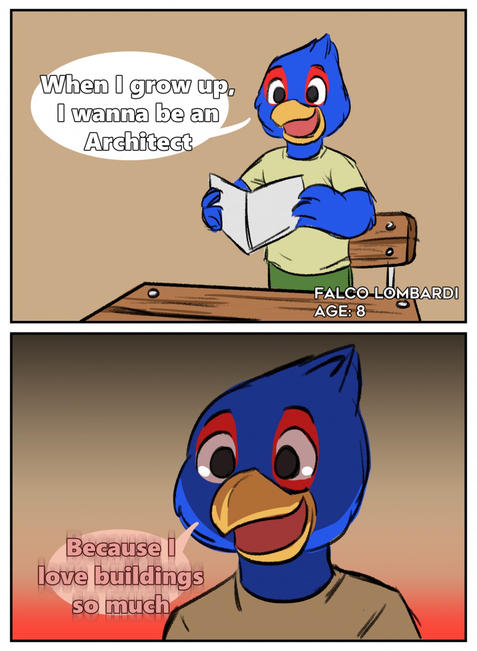 2021 anthro avian bird cedricbrowning_(artist) child clothed clothing comic desk dialogue digital_media_(artwork) empty_eyes english_text falco_lombardi furniture gradient_background hi_res holding_object humor male nintendo open_mouth simple_background smile solo standing star_fox table text video_games young