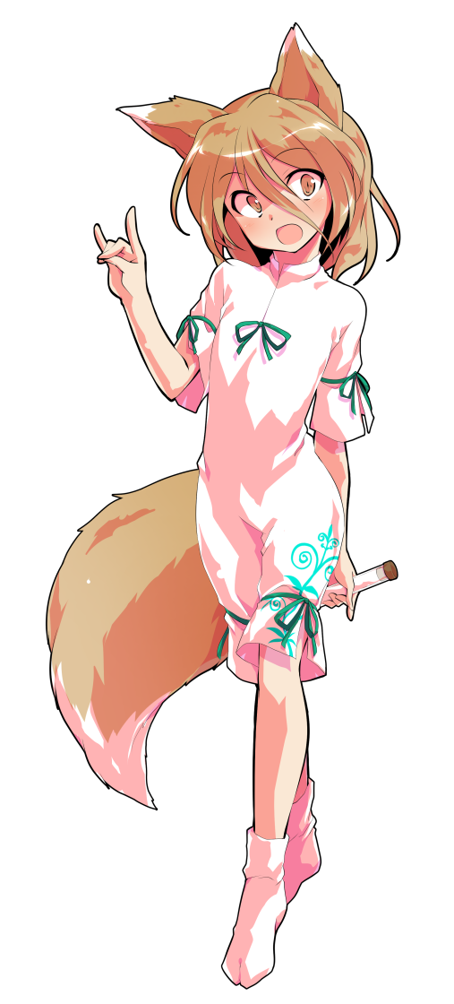 1girl alphes_(style) animal_ears bangs blush bow brown_eyes brown_hair crossed_legs dairi eyebrows_visible_through_hair eyes_visible_through_hair fox_ears fox_shadow_puppet fox_tail full_body green_bow green_ribbon hair_between_eyes hand_up kudamaki_tsukasa light_brown_hair looking_to_the_side neck_ribbon open_mouth parody ribbon romper short_hair short_sleeves socks solo standing style_parody surprised tachi-e tail touhou transparent_background watson_cross white_legwear white_romper white_sleeves