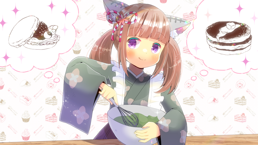 1girl :q animal_ear_fluff animal_ears bangs blush bowl brown_hair closed_mouth commentary_request commission copyright_request eyebrows_visible_through_hair food food-themed_background green_kimono holding holding_bowl japanese_clothes kimono kou_hiyoyo long_hair long_sleeves looking_at_viewer mixing_bowl pancake purple_eyes skeb_commission smile solo sparkle stack_of_pancakes thought_bubble tongue tongue_out twintails upper_body whisk white_background wide_sleeves