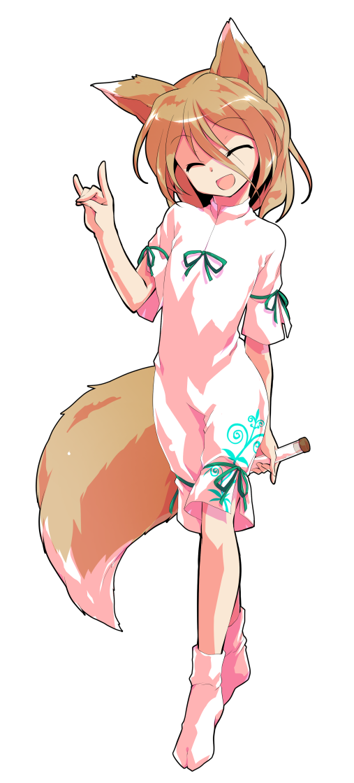 1girl alphes_(style) animal_ears bangs blonde_hair bow closed_eyes crossed_legs dairi eyebrows_visible_through_hair eyes_visible_through_hair fox_ears fox_shadow_puppet fox_tail full_body green_bow green_ribbon hair_between_eyes hand_up kudamaki_tsukasa neck_ribbon open_mouth parody ribbon romper short_hair short_sleeves smile socks solo standing style_parody tachi-e tail touhou transparent_background watson_cross white_legwear white_romper white_sleeves